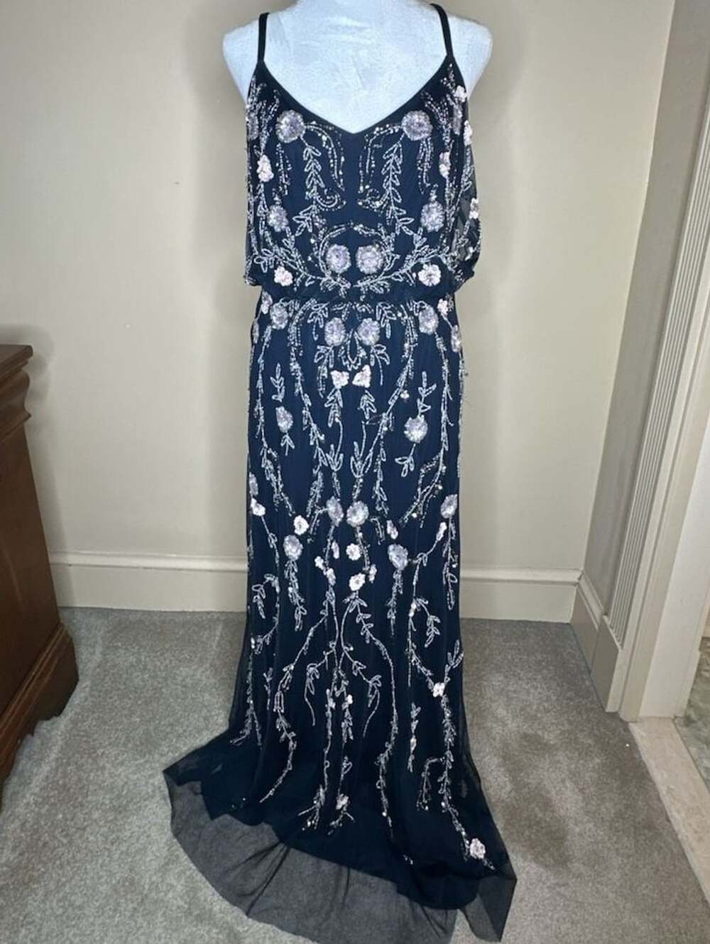 Adrianna Papell Floral Beaded Blouson Gown Black/Multi Size 4